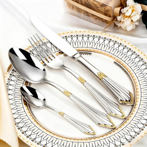 ESSONIO Besteck Set 16 Teilig Für 4 Personen Geschirr Besteckset aus Rostfreiem Stahl 18/8 Langlebig Elegant Table Bestecksets for Home Spülmaschinenfest Hochzeitsbankett Formelle Anlässe