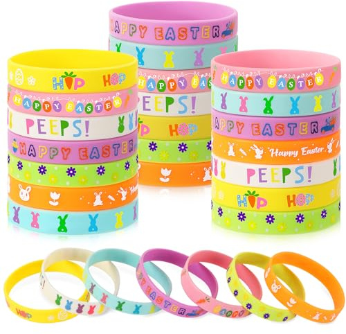 JUNEBRUSHS 42pcs Easter Party Favors Silicone Bracelets Bunny Egg Carrot Chicks Flowers Rubber Wristbands Accessories for Easter Egg Fillers Gifts Basket Stuffers Accessories Party Decorations