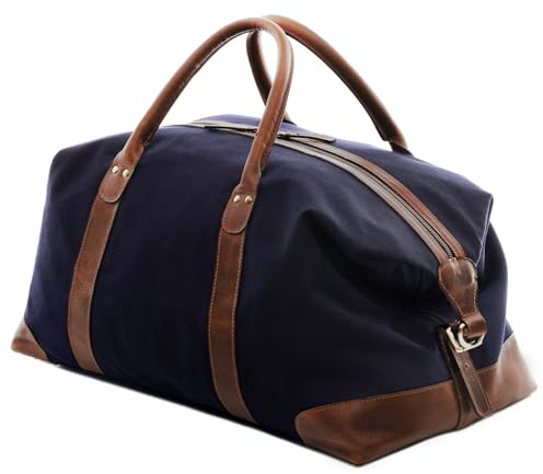 SID & VAIN Canvas Reisetasche mit edlem Leder - Sporttasche groß 54 cm Lennox - Weekender Handgepäck mit Schultergurt - Herren und Damen blau handgefertigt