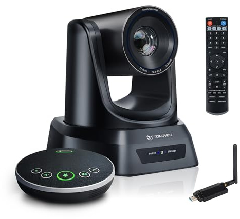 TONGVEO AI Wireless PTZ Camera System with Auto Tracking Built-in Receiver & Bluetooth Speakerphone, 5.8GHz 1080P 60fps Conference Camera with 3X Optical Zoom, for Church Zoom, OBS Meetings