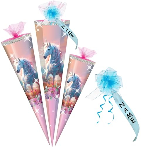 alles-meine.de GmbH Schultüte - mit 3D Glitzer - Effekt ! - Einhorn & Blumen - 50-85 cm - Größe wählbar - inkl. Name + Verschluß-Schleife - Zuckertüte - Tüll Abschluß - eckig /..