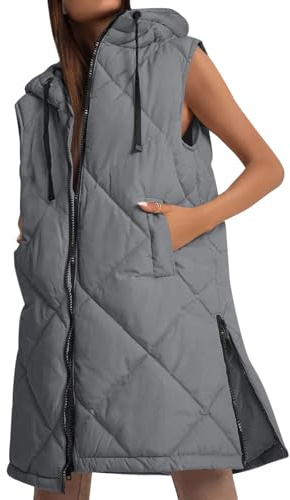 Imily Bela Chaleco Acolchado para Mujer con Capucha, Ligero, Sin Mangas, Chaqueta de Entretiempo, Informal, Largo, Gris1., L