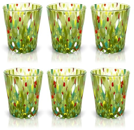 MAZZEGA ART & DESIGN - Verres Tumbler Colombina en Verre Soufflé et Travaillés à la Main avec des Murrines de Murano, ligne « Les Couleurs de Murano » 350 ml. Fabriqué en Italie. (6, VERT)