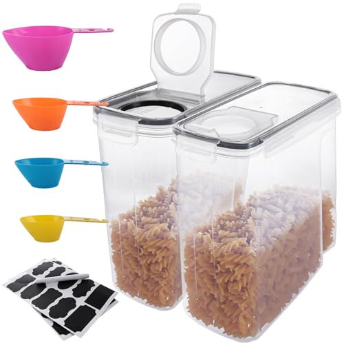 ASelected 2Pcs 4L Cereal Storage Containers plastic Food Storage Containers Kitchen Cereal Storage Containers With 4 Spoon& 20Labels & 1 Marker for Cereals, Pasta, Rice, Dry Foods, Pet Food, Coffee
