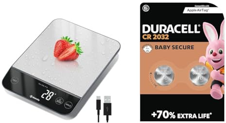 Etekcity 10kg Digital Kitchen Scales,Waterproof, USB Rechargeable Food Scales with LED Display & Duracell CR2032 Lithium Coin Batteries 3V (2 Pack) - Up to 70% Extra Life*