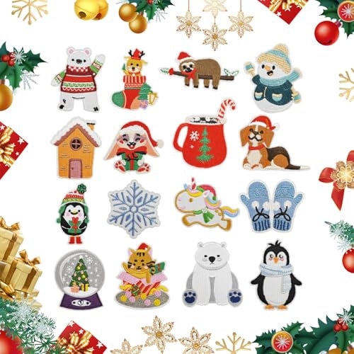 16 Stück Weihnachts Patches Aufbügeln Bügelbilder Kinder Cartoon Patches zum Aufbügeln Gestickte Applikation Bügelbild für Hut Jeans Jacken DIY Weihnachtskostümdekoration (16 Stück)