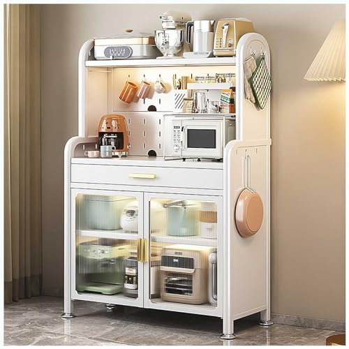 Bäckerregal mit 5 Ebenen, weiß, mit Schublade und Mikrowellenständer, verstellbares Regal, Küchenaufbewahrungsschrank für Mikrowelle, Küchenstall mit großer Speicherkapazität
