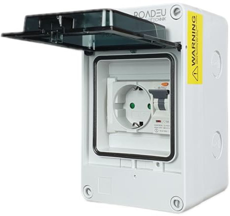 RoadEu - Coffret électrique de chantier IP65 avec disjoncteur de surintensité 16A C et disjoncteur différentiel intégré - 1 prise. Idéal pour les ateliers, les garages et les usines.