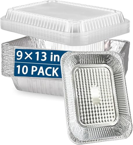 MUAMAX 10 bandejas grandes desechables de aluminio con tapas de 32 x 26 cm, recipientes de alimentos de aluminio para fiestas de verano, bandeja de preparación de comidas, bandeja de horno de papel de