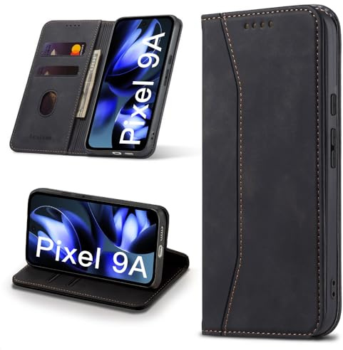 Leaisan Mobiltelefonfodral för Google Pixel 9A fodral premium läder flip vikbar stötsäker magnetisk [stativfunktion] [kortfickor] skyddsfodral för Google Pixel 9A 5G-väska – svart