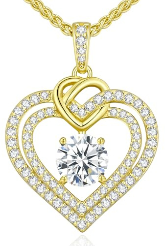 CDE Kette Damen Moissanite Halskette Damen Silber 925, Doppel Herz VVS1 Reinheit D Farbe, Frauen Schmuck Geburtstags Geschenk für Sie Freundin Weihnachten Valentinstag Muttertags
