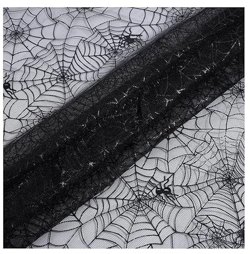 Halloween Stoff Spinnennetz Tüllstoff Meterware Netzstoff Dekostoff Basteln | Spannender Halloween Tüllstoff mit Spinnennetz-Muster schafft eine gruselige Atmosphäre für Partys, Dekoration und Events.