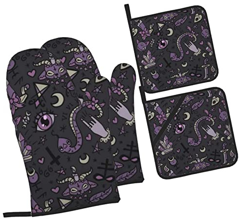 WKSGDSG Oven Mitts And Pot Holders Sets, Purple Black Goth Spooky Kitchen Oven Gloves 4 Pack, 3-Layer Heat Resistant Oven Mitts Sets And Hot Pads, Soft Waterproof Hand Mitts For Cooking And Baking