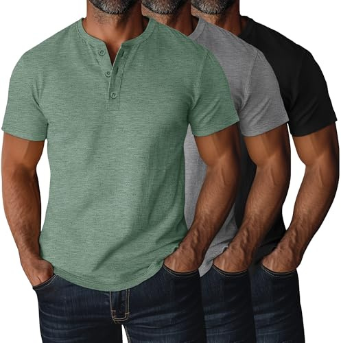 Ficerd Confezione da 3 Magliette Henley Uomo Taglie Forti Maniche Corte Plus Size Ampie Casual Basiche Oversized(L,Nero, Grigio Verde, Grigio Chiaro)