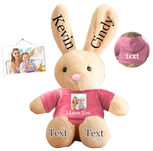 DRAJOIN Peluche Lapin Personnalisée, Lapin en Peluche Personnalisé avec Photo et Nom, Cadeau de Pâques pour Filles, Garçons, Enfants et Adultes, 35 cm