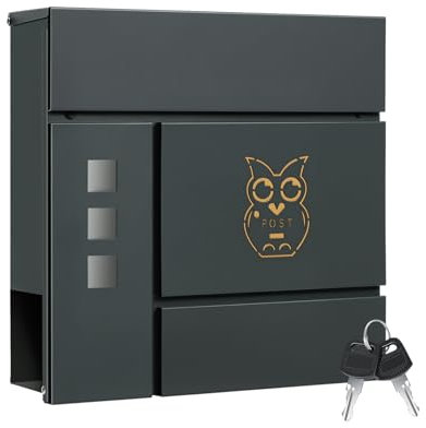 WOLTU Cassetta per Lettere, con Serratura, Finestre di Visualizzazione, Fessura 33,8x3 cm, Coperchio Incernierato, Scomparto per Giornali, 37x10,5x37 cm, Antracite