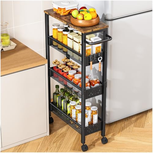 OrderlyGo Küchenwagen Schmal 4 Ebenen Mit Rollen Und Holzplatte Schwarz | Servierwagen mit Griff, Metallgestell, kleine Räume, Bad Wohnzimmer, platzsparend, mobil