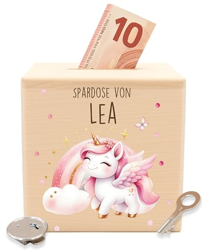 Kidsmood - Personalisierte Spardose Kinder mit Schlüssel aus Holz, Sparschwein Kinder mit Namen als Taufgeschenk, Geburtstagsgeschenk & Einschulungsgeschenk für Mädchen & Jungen - Einhorn (10x10 cm)