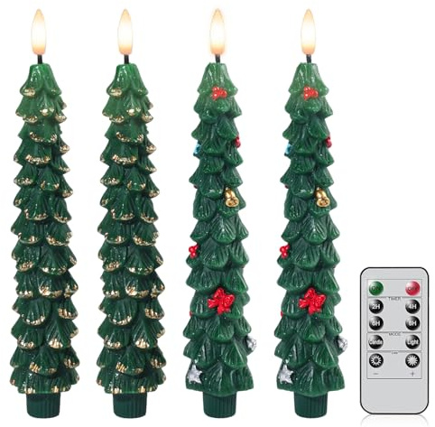 Tatqilo 4Pcs Christmas Tree LED Candles, Christmas Tree Candles with Remote and Timer, Flameless Taper Candles with 3D Flickering Flame, Battery Operated LED Candlesticks for Christmas Home Decor