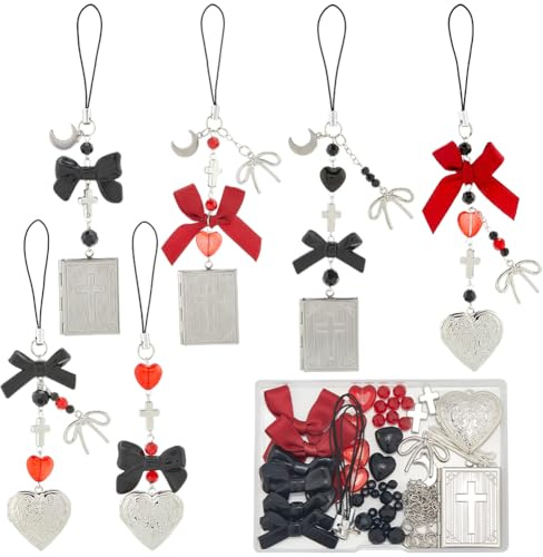 SUNNYCLUE 1 Box DIY 6 Sets Phone Charm Kit Gothic Cell Phone Charm Halloween Black Red Silver Bowknot Bow Tie Heart Moon Goth Cellphone Strap for Jewellery Making Kits Women Key Rings Cellphone Case