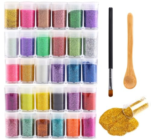 Feiner Glitzer, 30 Farben Glitter, Fläschchen Glitzer Basteln, Schillerndes Gemischte Glitzerpulver mit Holzlöffel und Pinsel für Gesicht Make-Up Nail Kerze Epoxidharz Handwerk