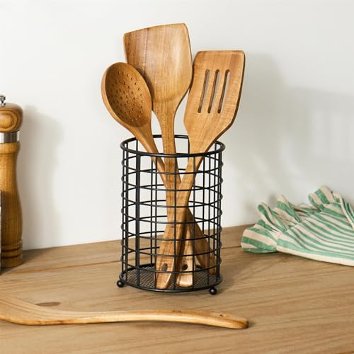 OHS Kitchen Utensil Holder, Black Metal Cutlery Holder Cooking Organiser for Spatulas Spoons Knives and Tongs Cutlery Drainer Sink Caddy Kitchen Sink Organiser, Black