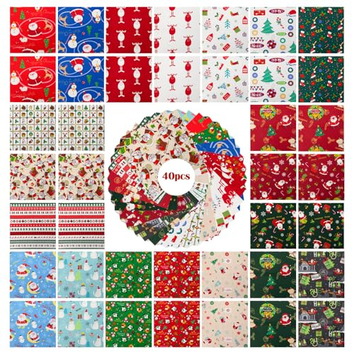 Sixfolo 40 Stück Weihnachten Baumwollstoff 25 x 25 cm Weihnachtsstoffe zum Nähen Quadrat Patchwork Stoffpakete mit 20 Verschiedenen Mustern zum Quilten DIY Dekoration Handwerk