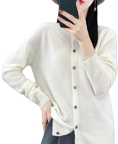 Womens Cardigan,Women's Cashmere Cardigan Ladies Woolen Knitted Sweater White Lightweight Crew Neck Wool Knit Jumpers Slim Fit Elegant Long Sleeve Coat for Fall Spring