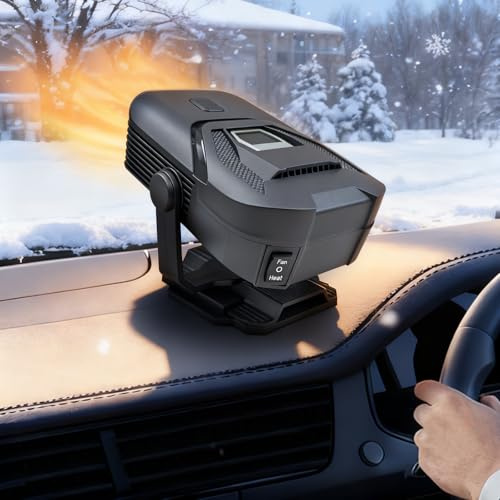 12V 150W 2-in-1 Portable Car Heater Cooling Fan Defroster for All Vehicles | 360° rotatable base, fast heating, plug into car cigarette lighter. Compact design, ideal for winter defrosting,