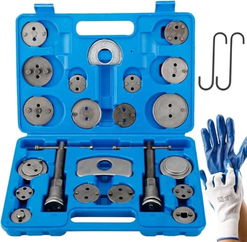 FreeTec Juego de herramientas para pinza de freno, 24 piezas, pistón de freno con rosca derecha e izquierda, husillos, 18 adaptadores, 2 perchas de freno, maleta y guantes – para coches y camiones