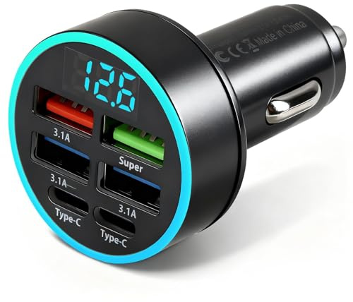 66W Cargador Coche Mecher USB C 6 Puertos con Voltímetro Led, Cargador Rápido Carga Rapida 12V 3,1A, Conectable a Tipo-C Adecuado para iPhone 17 16 15 MAX Pro, Samsung Galaxy S24 S23 S21 Ultra