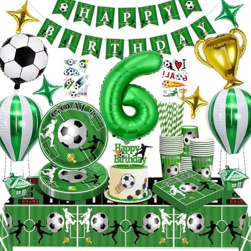 Decoration Anniversaire Football 6 Ans, Deco de Fete Anniversaire Foot Vaisselle Kit Garcon,Ballons Nappe Assiette Serviettes Papier Bannières Pailles Gobelets
