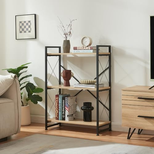 [en.casa] Estantería de Pie Skørping Librería de Salón Biblioteca de 3 Niveles Oficina Estructura de Metal 90 x 65 x 30 cm - Negro/Efecto Roble