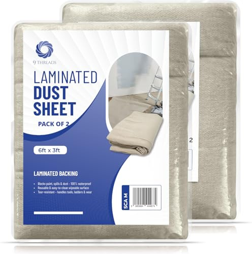 9Threads Laminted Cotton Dust Sheets | Washable & Reusable Drop Cloths for Painting & Decorating | Paint Cover Sheets for Furniture & Floors (Laminated 6 X 3 FT Pack of 2)