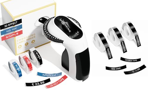 Memoking Schwarz Beschriftungsgerät Prägegerät E975 Kombination mit 3D Prägegerät Etiketten (4 Schwarz+ 1 Blau + 1 Rot), Handgerät Etikettiergerät für Haus, DIY (£/€, Ä, Ö, Ü)