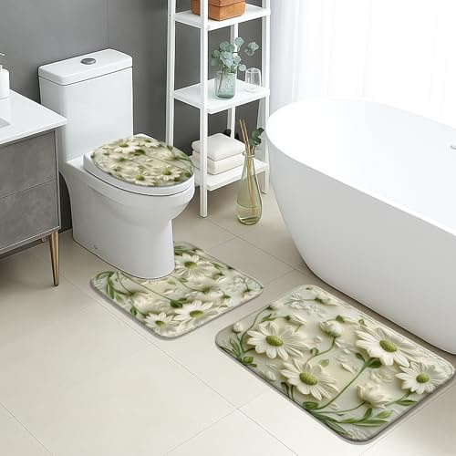Set di 3 tappetini da bagno floreali, eleganti piante di crisantemo bianche, assorbenti e antiscivolo, a forma di U, lavabili, in flanella ad asciugatura rapida, set di tappeti da bagno