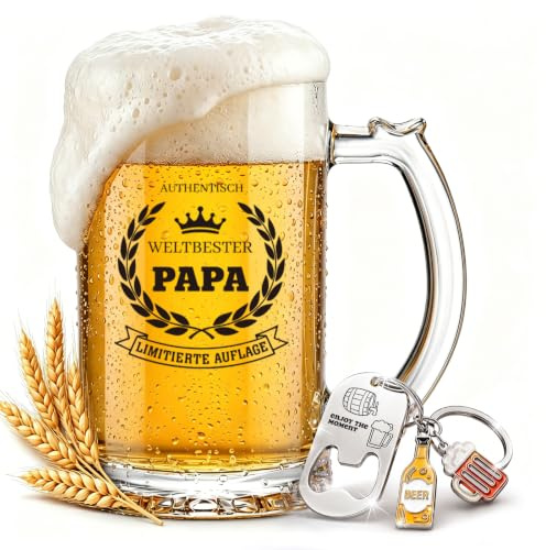 Vatertag Bierkrug mit Gravur „Weltbester Papa“ – 500ml Humpen als Geschenk für Papa zum Geburtstag & Weihnachten – Lustiges Bierglas für Männer & Väter