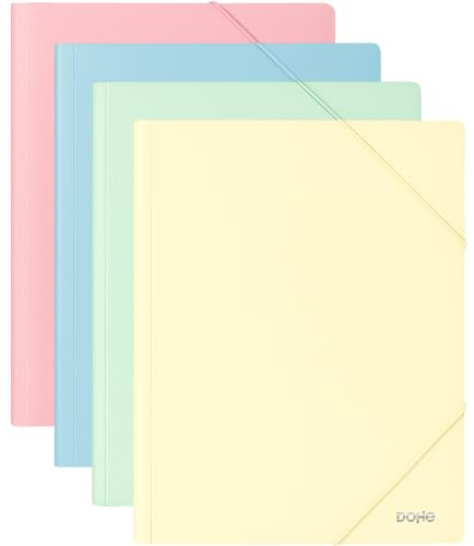 Dohe - Carpetas A4+ con Gomas y Solapas (4 uds.) - Tamaño 23,5x32 cm, Colores Pastel: Azul, Rosa, Amarillo y Verde, Fabricadas en Plástico Duro Resistente 600 Micras, Material Escolar