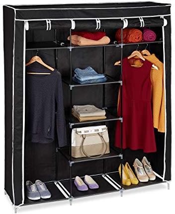 Relaxdays Armario de Tela, Plegable, Ropero 9 Baldas, Clóset, 2 Percheros, Desmontable 173x148x43cm, Negro