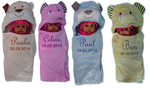 Baby Einschlagdecke mit Namen bestickt Babydecke 3d Kapuze Geschenk Taufe Geburt (gelb)