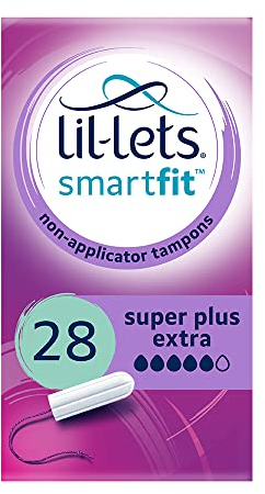 Lil-Lets Non-Applicator Super Plus Extra Tampons, 28 Count (1 Pack), for Very Heavy Flow, 5 Droplets, Plant-Based, SmartFit Non-App Tampon