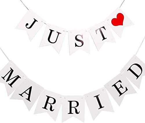 Just Married Girlande Vintage Rustikal Wimpelkette Banner mit Seil Hochzeitsgirlande als Deko für Hochzeit Fest Party Brautdusche Junggesellinnenabschied oder Foto Photo Booth Fotografie