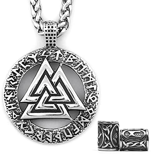 Gungneer Odin Valknut Pendant Necklace Norse Pagan Jewelry Stainless Steel Viking Jewelry Men, Viking Beard Beads Gift