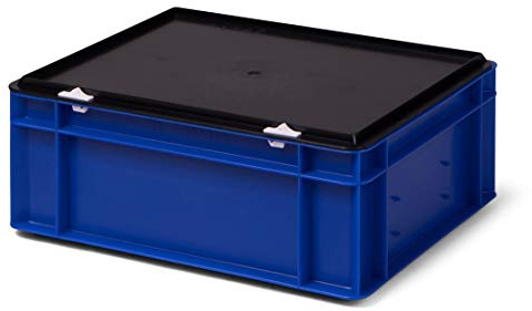 1a-TopStore Kunststoff-Stapelbox/Lagerbehälter, blau, mit schwarzem Verschlußdeckel, 400x300x156 mm (LxBxH), stabile Industrie-Ausführung!