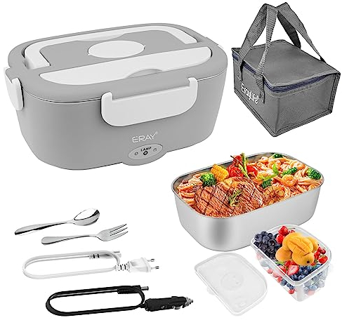 ErayLife Scaldavivande Elettrico Portatile 80W, Lunch Box Riscaldabile Elettrico 24V/ 12V/ 220V 1,5L Contenitore Rimovibile in Acciaio Inossidabile 304, Ideale per Ufficio/Scuola/Campeggio/Auto