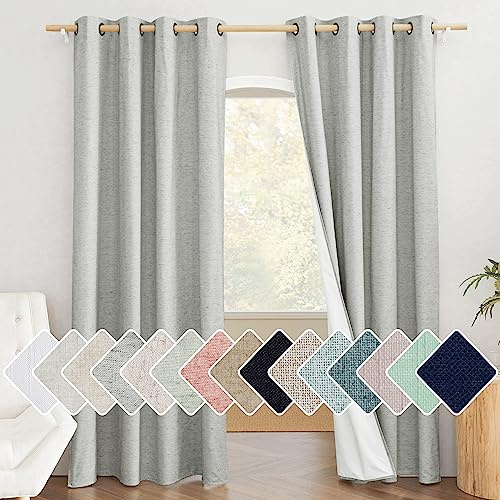NICETOWN Grey Full Shade Room Warming Linen Curtain Panels 84 inches Long, Pair of Energy Smart & Noise Blocking Out Blackout Drapes for Guest Room Window, Thermal Insulated Lined Window Dressing