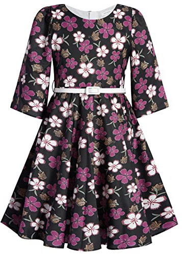 BONNY BILLY Vestido Niña Fiesta Boda Ceremonia Estampado Floral Vintage Invierno Manga Larga con Cinturón 11-12 Años Negro-6