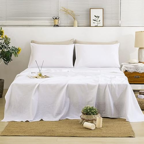 TUMEI 100% Linen Queen Bed Sheets Set - 4Pcs Linen Sheets Queen Size Bed Set with Soft Breathable and Durable Deep Pocket Fitted Sheet & Flat Sheet & 2 Pillowcases,White Queen