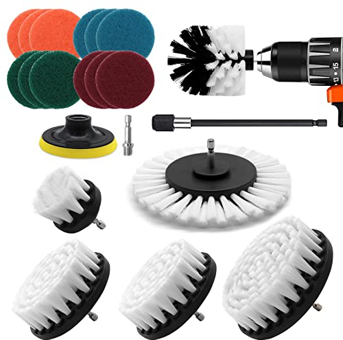 VIBRATITE 20 Pièces Brosse Nettoyage Perceuse, Multifonctionnel Brosse Visseuse Nettoyage Kit pour Salle de Bain, Cuisine, Tapis, Sol, Carreaux, Voiture, Jantes - Blanc Drill Brush