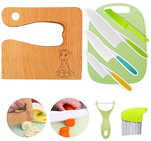 Goodchef Kindermesser Set 8-teiligs, Sicherheitsmesser für Kinder ab 2 Jahren, Montessori Küchenset mit Schneidemesser, Kinder Küchenutensilien für Lernen & Spielen(Giraffe)